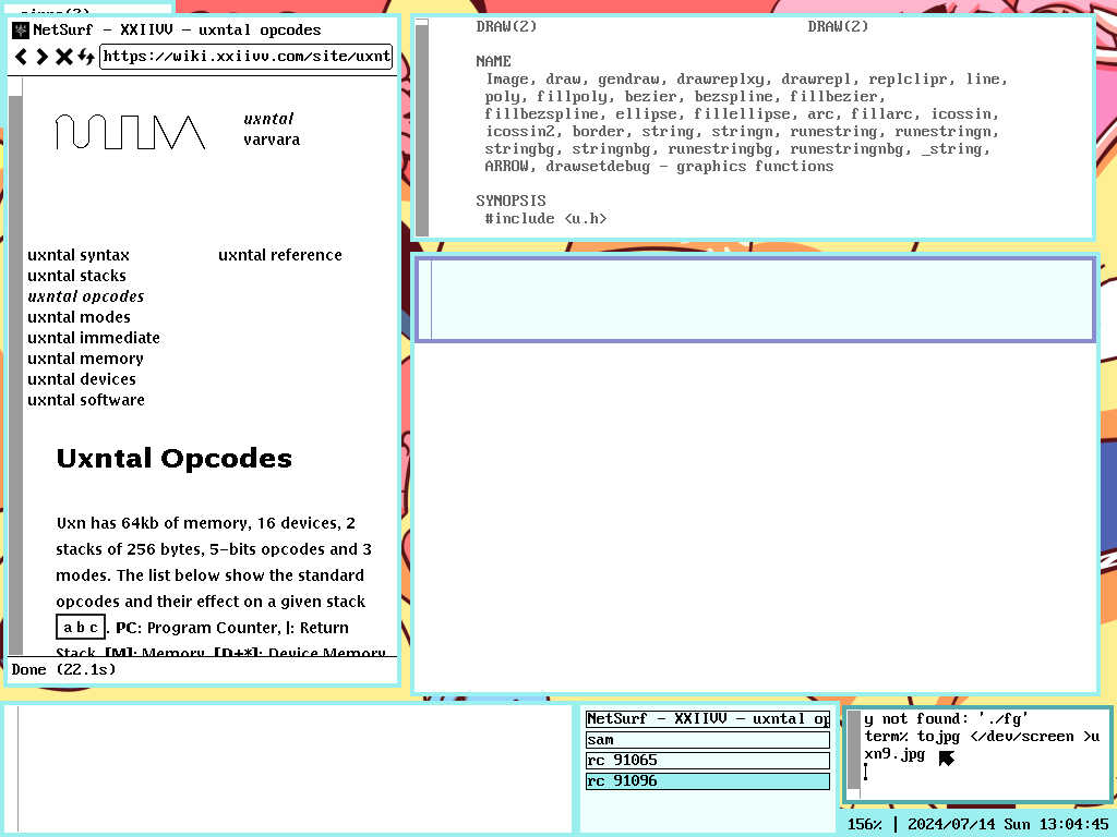 screenshot of xxiivv uxn docs, man page, many windows